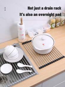 1 Pc Over The Sink Dish Drying Rack, Roll Up Dish Drying Rack Kitchen Dish Rack Stainless Steel Sink Drying Rack, Foldable Dish Drainer Folding Stainless Steel Drain Rack For Sink, Multifunctional Bowl, Plate, Vegetable And Fruit Storage, Drain Curtain For Kitchen,Black(9/11/13in)