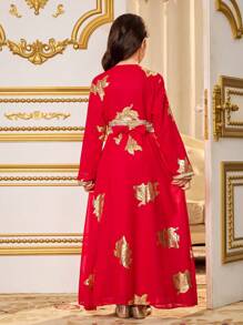 Tween Girls Chiffon Arabian Dress With Gold Foil Printed 2 Pieces Set - Burgundy - View 2