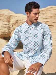 Manfinity Homme Camisa casual de manga larga con cierre de botones al frente y estampado total para hombre