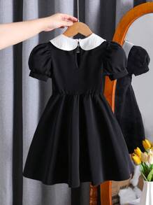 Young Girl' Elegant Waist Flared Short Sleeve Dress + Detachable Collar, Suitable For Daily Commute, Casual, Entertainment, Holiday And Travel In Summer