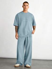 Manfinity INSISELF 2pcs/Set Men's Loose Dropped Shoulder Round Neck Short Sleeve T-Shirt + Drawstring Waist Straight Leg Pants Suit - Blue - View 5