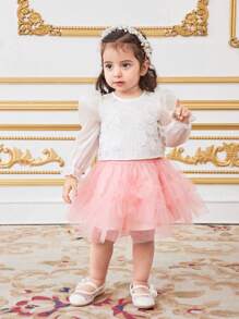 SHEIN Babygirl Summer Floral Organza Top With Mesh Skirt Set, Cute & Versatile - Multicolor - View 4