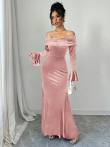 Modelyn Velvet Patchwork Splice Off Shoulder Fitted Dress For Women For New Year Clothes Fall Cloth For Women - Pink - View 6