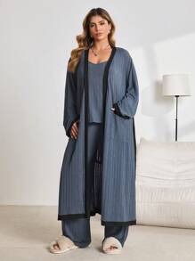 Lazeform 大码纯色吊带背心、长裤和系带睡袍套装，服装，舒适套装，秋冬