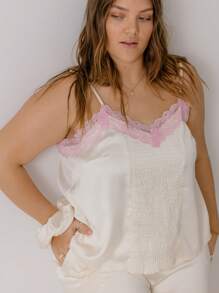 Aralina Plus Size Curve Satin Lace Trim Valentines Shirred Front Silky Cami With Scrunchie For Summer