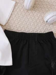Set de 2 piezas para niños pequeños de camiseta de manga corta con decoración de parche con letra y pantalones cortos con bolsillo con cremallera, casual y de urbana, para el verano - Blanco - Ver 3