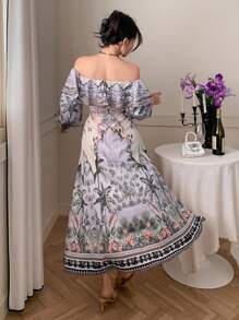 DAZY Beige Floral Print Off Shoulder Full Flare Dress For Women,Long Sleeve Ruffle Hem Self Tie Waist Autumn Boho Holiday Tea Party Vacation Outfits - White - View 5