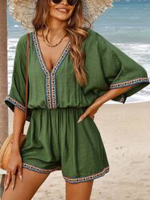 SHEIN PETITE 女士纯色拼接长袖休闲 V 领荷叶边连体裤