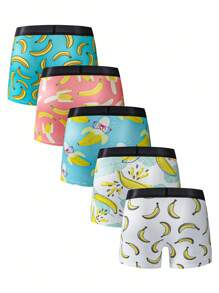 Happy Jammies 5pcs/Set Men's Banana Print Comfortable Casual Boxer Brief Underwear