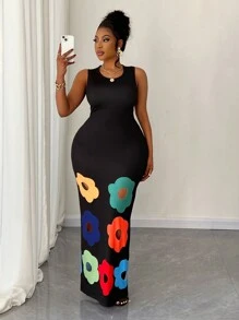 Maweii Women's Plus Size Floral Print Round Neck Dress