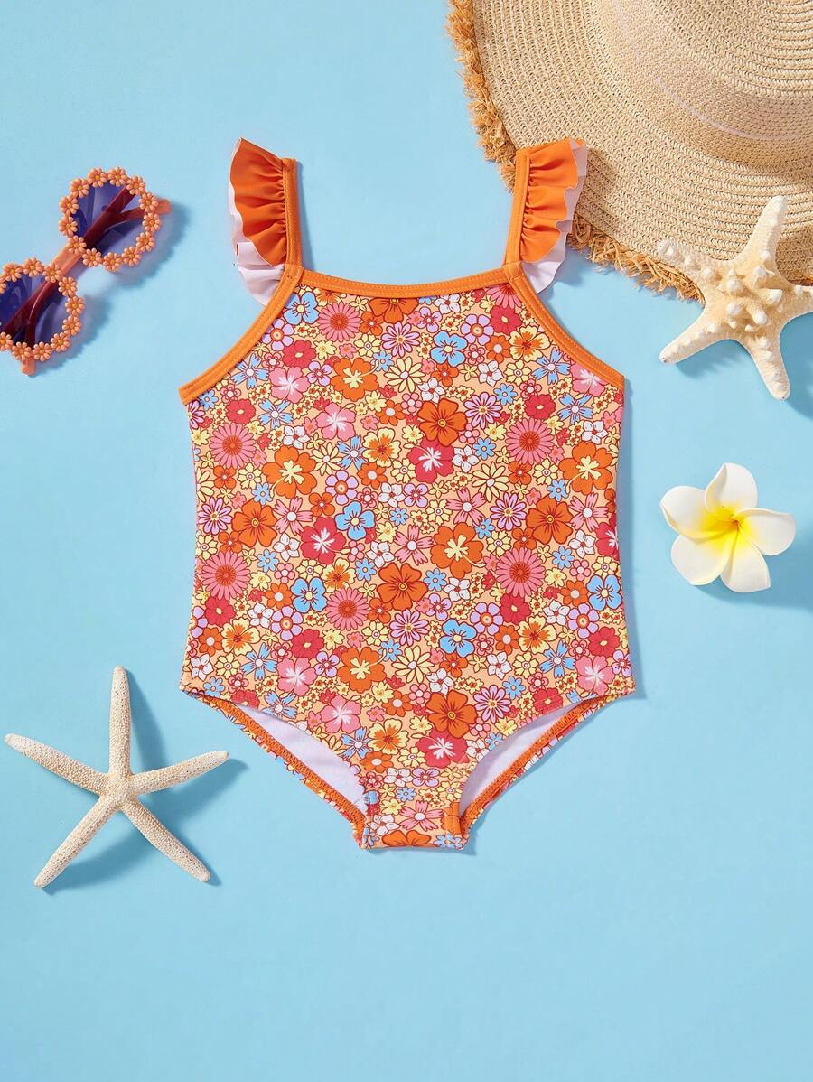 SHEIN Leap Crew Traje de baño de una pieza con manga corta y estampado floral para bebé niña, de verano - Naranja - Ver 1