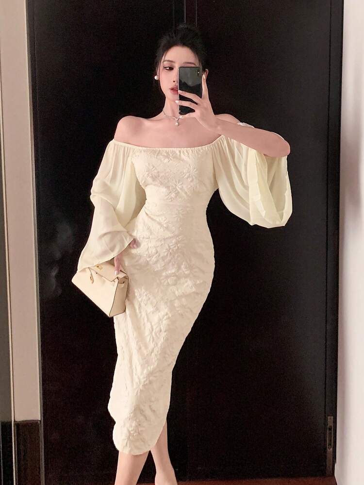 Women's Midi Dress With Patchwork Flare Sleeves And Waist Belt Prom Dress,Formal Women Dresses,Fall Dress Long Sleeve Dress Off Shoulder Top Elegant Women Dresses