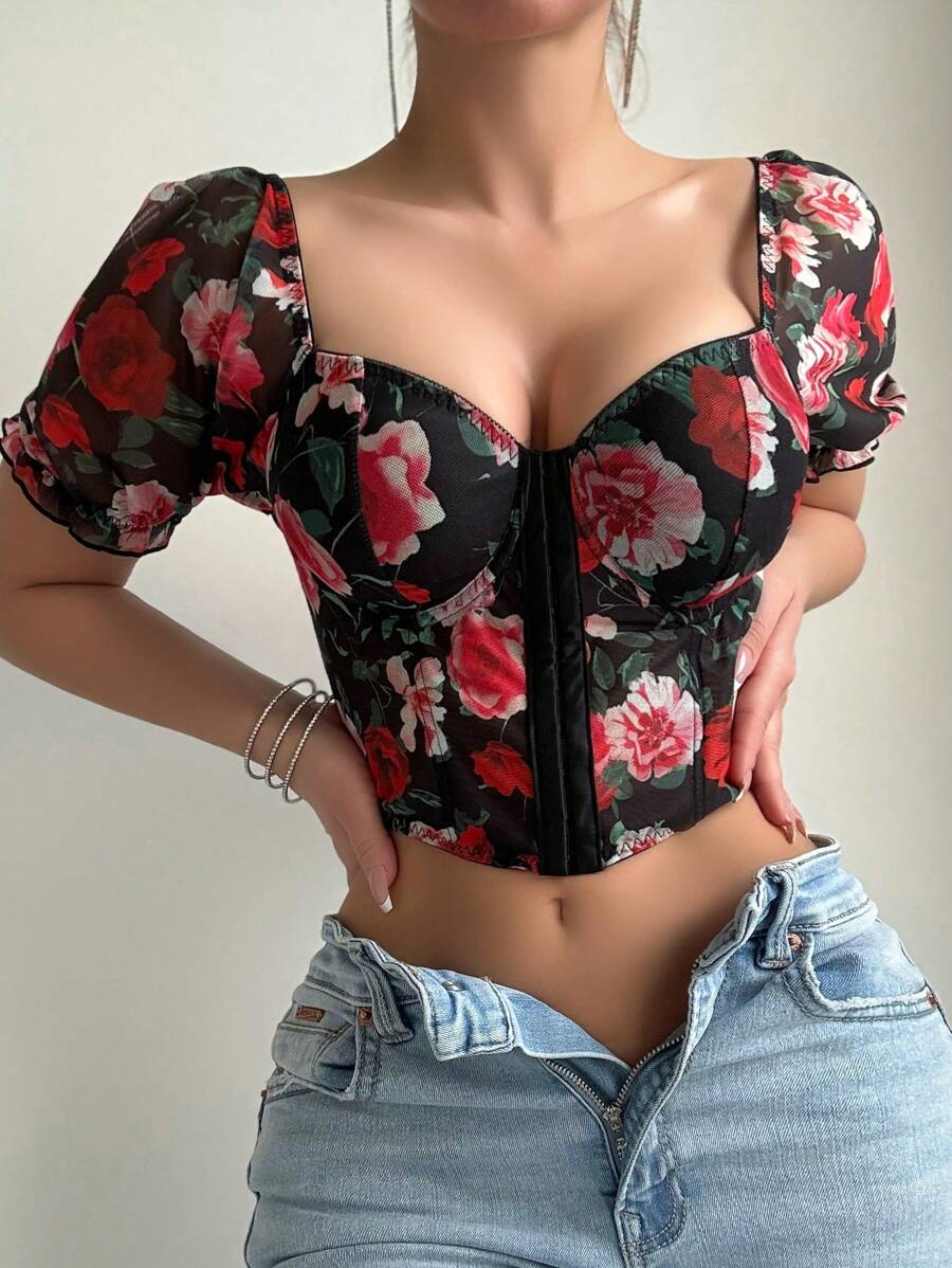 Myrelith 1 件女式前钩钢圈花卉衬垫泡泡袖文胸上衣，可作为内衣外穿 - 彩色 - 查看 1