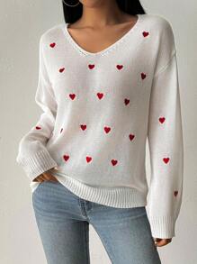 Chiquease Women's Regular Drop Shoulder V-Neck Embroidered Heart Pattern Lightweight Loose Casual Knitted Sweater Fall Winter - Multicolor - View 3
