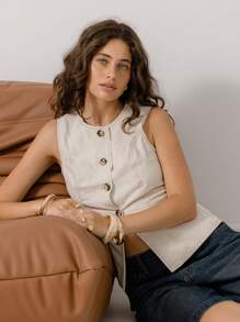 Aralina 长款亚麻海滩度假定制夏季背心 - 米色 - 查看 7