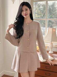 DAZY Solid Color Round Neck Blazer & Skirt Set For Women,Fall Women Clothes Buisness Attire - Pink - View 6