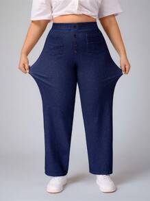 SHEIN CURVE+ 大码纯色高腰舒适柔软休闲透气百搭牛仔裤 大码阔腿裤 大码裤 曲线款大码裤 女士阔腿裤 弹力阔腿裤 - 藍色 - 查看 4