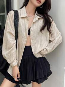 FRIFUL 女士杏色宽松条纹翻领衬衫，适合通勤和办公室穿着，春季亚麻长袖上衣 - 杏色 - 查看 3