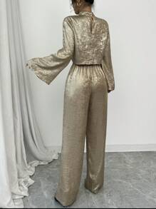 Selianne 2 件套女式阔腿裤和短立领短款上衣套装，优雅玫瑰金色，适合度假和情人节，春夏季 - 金色 - 查看 2