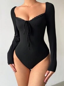 Chiquease SHEIN ChicEase Sexy & Elegant Mature Style Black Knit Elastic Heart-Shaped Collar Long Sleeve Lace Backless Bodysuit For Women,Bodysuit,Women's T-Shirt,Black Y2K Bodysuit,Sexy Clothes,Vacation Outfits Woman,Women's Clothes For Valentine's Day,Old Money ,Festival,Western Wear Women