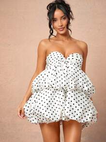 L'Amorae Minivestido con busto recogido a lunares y doble volumen