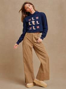 WESTFADE 春季蝴蝶结图案和牛仔靴印花 V 领长袖短款西部图案连帽衫运动衫西部服饰女装