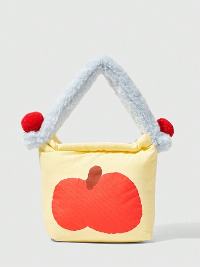 Kawaii حقيبة يد مجموعة باللونين مزينة بكرات فرو لينة