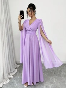 Rafferiza Vestido elegante de mujer para banquetes diarios, bodas, con escote en V, plisado en la cintura, corte evasé, chal transparente de gasa color lavanda para primavera y verano, falda larga de tela para otoño