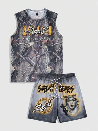 Street Life 2pcs/Set Men's Letter & Camo Branch Print Round Neck Vest And Shorts Set
