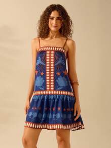 CAJUNI Women's Boho Style Star, Flower, Bird & Plant Print Spaghetti Strap Back Tie Short Casual Beach Summer Dress - Multicolor - View 2