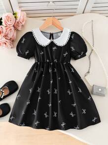 Young Girls Spring Dress With Bow, Floral Print And Color Block Collar & Puff Sleeves Details, Elegant Styles For Summer Young Girl Formal Wear - Black - View 8