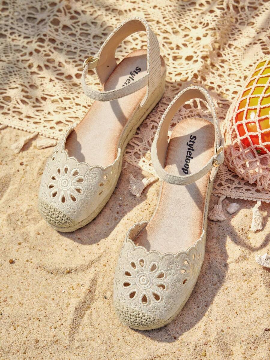 Styleloop Casual Platform Wedge Shoes With Jute Rope & Embroidered Velvet - Apricot - View 1