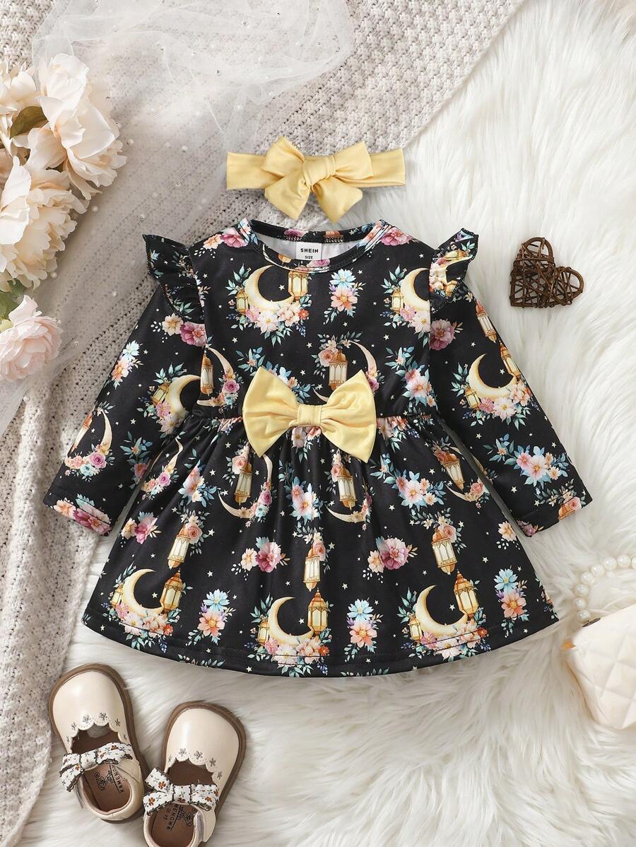 SHEIN Baby Girls Christmas Red Plaid Snowflake Decor Casual Dress, Comfortable & Suitable For New Year Outfit And Daily Casual Wear, Autumn/Winter