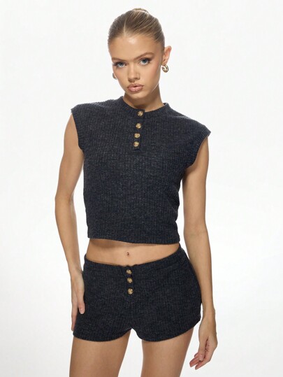 MISSGUIDED 罗纹针织Co-Ord套装纽扣前无袖裁剪上衣高腰短裤两件套家居服运动夏季套装