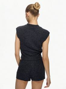 MISSGUIDED Ribbed Knit Co-Ord Set Button Front Sleeveless Crop Top High Waist Shorts Two Piece Loungewear Athletic Summer Set - Dark Grey - View 2