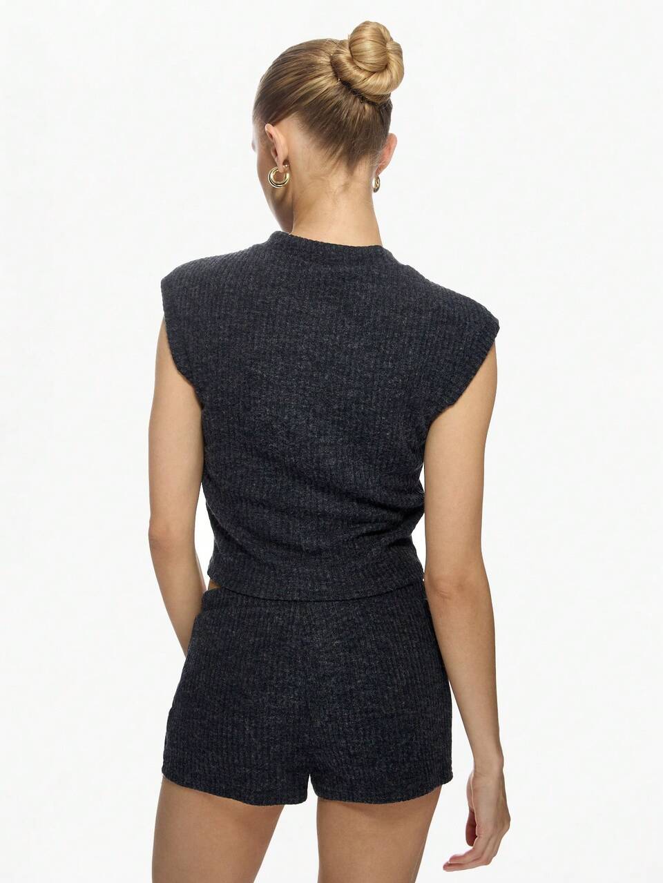 MISSGUIDED Ribbed Knit Co-Ord Set Button Front Sleeveless Crop Top High Waist Shorts Two Piece Loungewear Athletic Summer Set