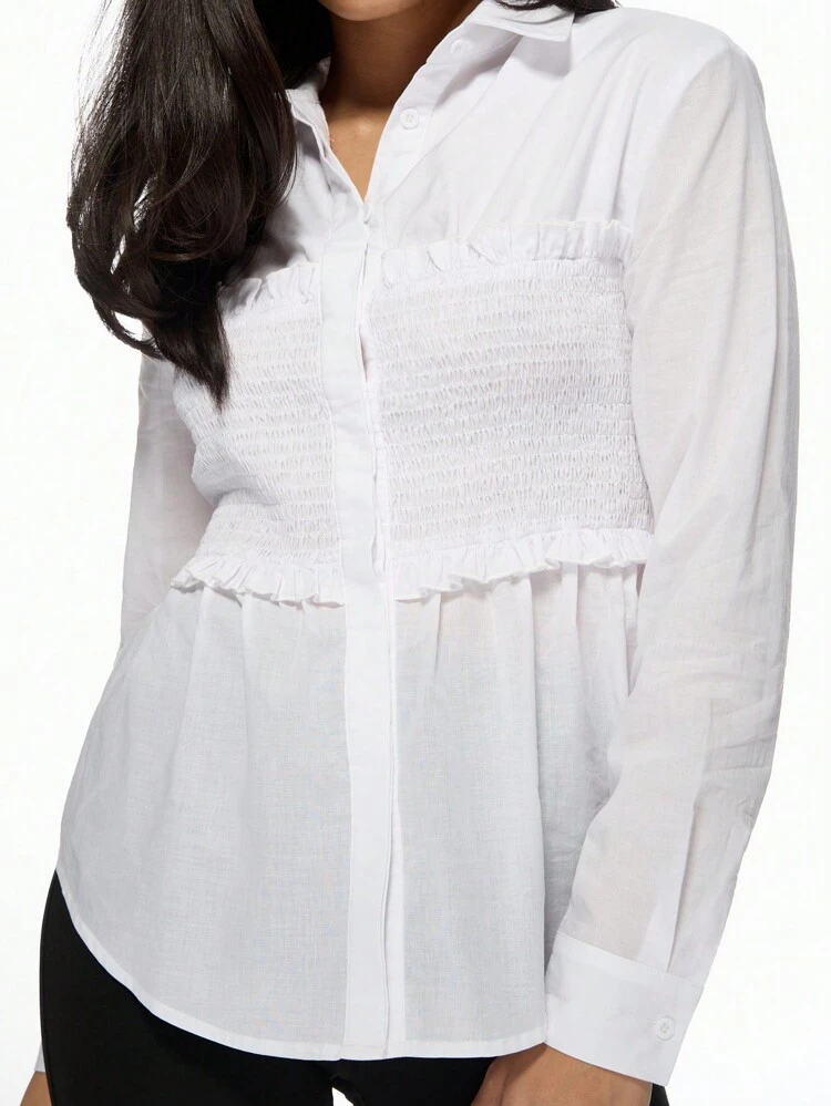 MISSGUIDED Long Sleeve Fitted Button-Down Blouse With Ruffled Detail