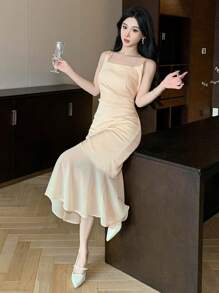 DAZY Vestido de mujer de longitud media con cuello cuadrado sin mangas, plisado, patchwork, vestido de fiesta, volantes, vestidos formales de mujer