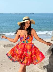 Flirla Plus Size Spring & Summer Beach Stylish Sexy Colorful Print Backless Halter Dress - Multicolor - View 4