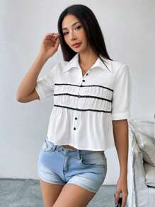 Chiquease Blusa holgada de manga corta con volantes y encaje contrastante para mujer - Blanco - Ver 5
