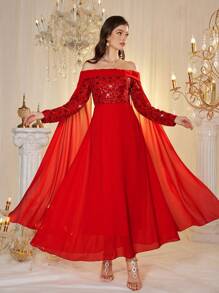 Modelyn Women's Long Off Shoulder Chiffon Embroidered Elegant Ruffle Sleeve Dress, Spring/Summer - Red - View 1