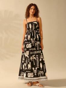 CAJUNI Women's Boho Black And Apricot Printed Holiday Leisure Summer Beach Strap Long Dress