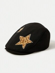 SHEIN ICON Rhinestone Star & Leopard Print Beret Hat, Casual For Everyday Wear - Black - View 2