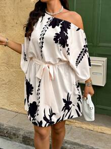 SHEIN Clasi Plus Size Boho Casual Vacation Floral Print Asymmetric Neck Dress, For Summer - Multicolor - View 4