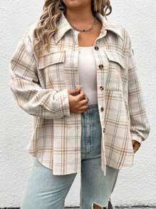 SHEIN CURVE+ 大码女式加厚休闲学院风格子工装口袋衬衫，秋冬款 - 彩色 - 查看 5