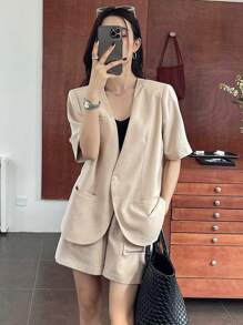 DAZY Conjunto de top blazer de lino de albaricoque de manga corta y pantalones cortos para mujer, traje informal de verano ligero de manga corta mitad sólido, conjunto de dos piezas para mujer - Caqui - Ver 6