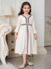 Young Girls Ramadan Collection V-Neck Flared Long Sleeve A-Line Dress With Elastic Waist, Digital Print, For Spring/Summer - White - View 3
