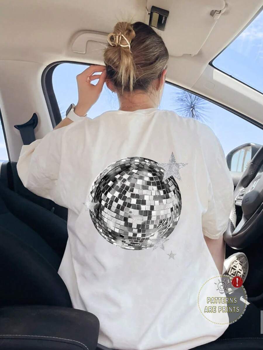 INAWLY Disco Ball Star Pattern Vintage Crew Neck Casual Loose Fit Short Sleeve T-Shirt Graphic Tees Women Tops