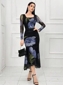 Modelyn Women Square Neck Long Sleeve Floral Print Fitted Casual Dress - Black - View 2