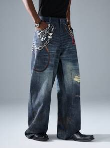 NEON BLANC Men's Street Fashion Loose Woven Denim Effect Long Pants - Teal Blue - View 3